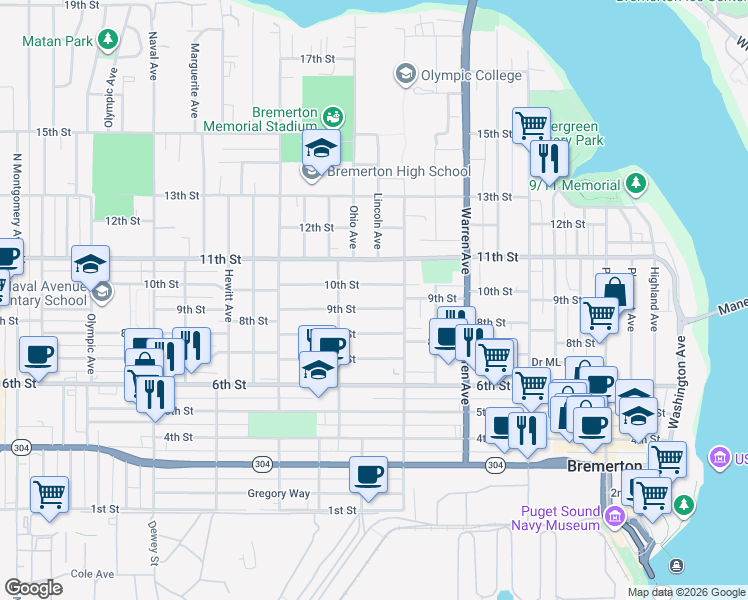 map of restaurants, bars, coffee shops, grocery stores, and more near 1216 9th Street in Bremerton