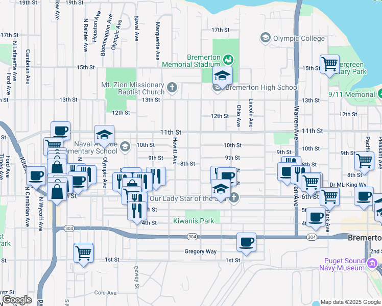 map of restaurants, bars, coffee shops, grocery stores, and more near 808 Pennsylvania Avenue in Bremerton