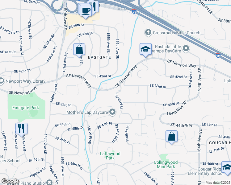 map of restaurants, bars, coffee shops, grocery stores, and more near 4251 155th Place Southeast in Bellevue