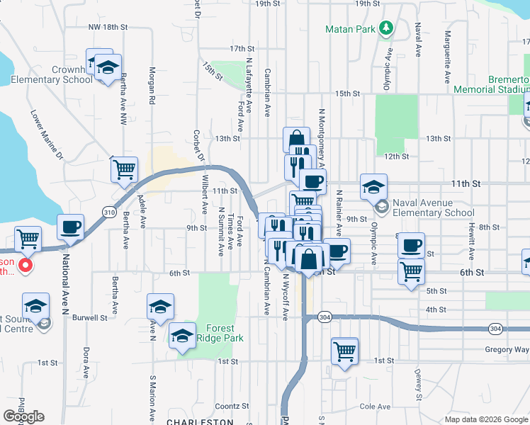 map of restaurants, bars, coffee shops, grocery stores, and more near 917 North Cambrian Avenue in Bremerton