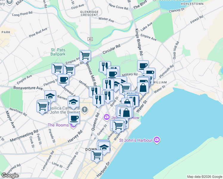 map of restaurants, bars, coffee shops, grocery stores, and more near 6 Carew Street in St. John's