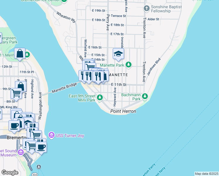 map of restaurants, bars, coffee shops, grocery stores, and more near 1010 Perry Avenue in Bremerton