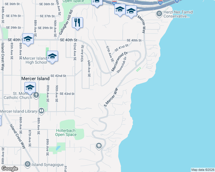 map of restaurants, bars, coffee shops, grocery stores, and more near 9571 Southeast 43rd Street in Mercer Island
