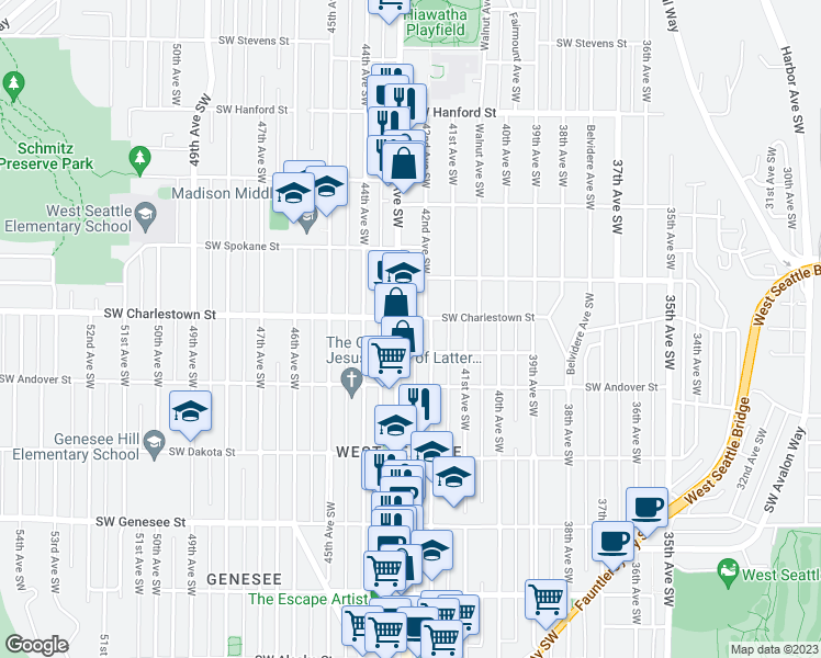 map of restaurants, bars, coffee shops, grocery stores, and more near 3836 California Avenue Southwest in Seattle