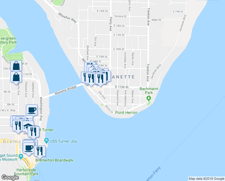 map of restaurants, bars, coffee shops, grocery stores, and more near 2316 East 10th Street in Bremerton