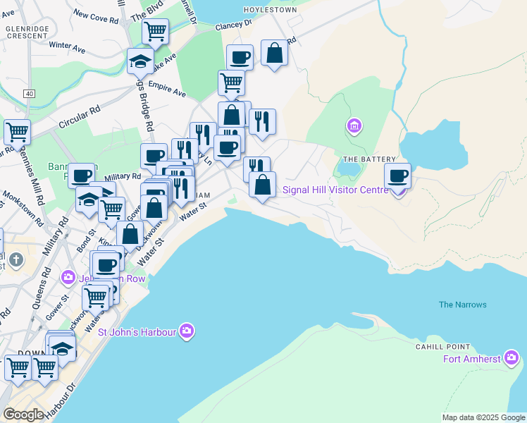 map of restaurants, bars, coffee shops, grocery stores, and more near 20 U.S. Army Dockyard in St. John's