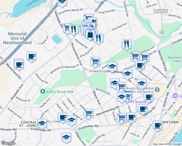 map of restaurants, bars, coffee shops, grocery stores, and more near 95 Bonaventure Avenue in St. John's