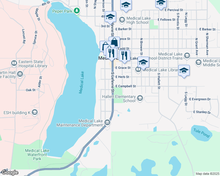 map of restaurants, bars, coffee shops, grocery stores, and more near 432 South Lefevre Street in Medical Lake
