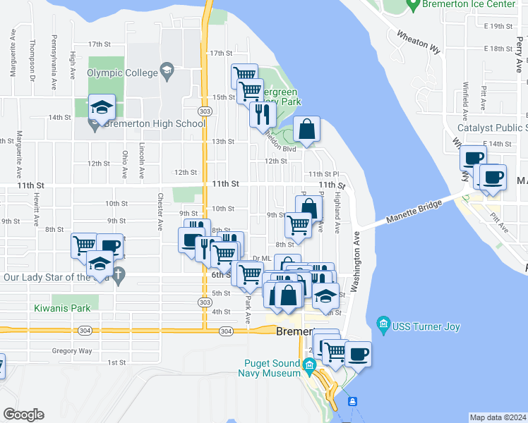 map of restaurants, bars, coffee shops, grocery stores, and more near 903 McKenzie Avenue in Bremerton