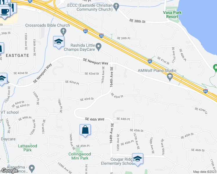 map of restaurants, bars, coffee shops, grocery stores, and more near 4235 164th Avenue Southeast in Bellevue