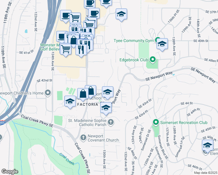 map of restaurants, bars, coffee shops, grocery stores, and more near 4204 129th Place Southeast in Bellevue