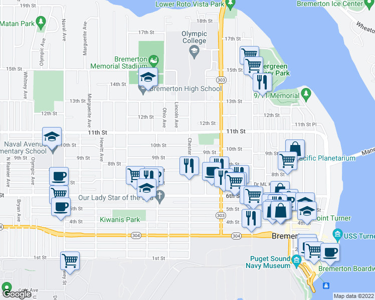 map of restaurants, bars, coffee shops, grocery stores, and more near 911 Chester Avenue in Bremerton