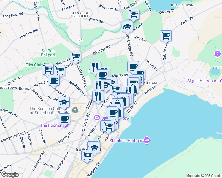 map of restaurants, bars, coffee shops, grocery stores, and more near 48 Colonial Street in St. John's