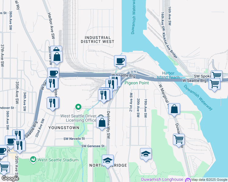 map of restaurants, bars, coffee shops, grocery stores, and more near 3803 Delridge Way Southwest in Seattle