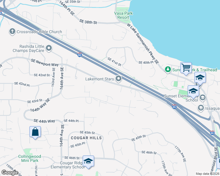 map of restaurants, bars, coffee shops, grocery stores, and more near 16830 Southeast 43rd Street in Bellevue
