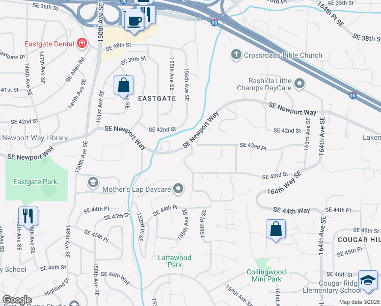 map of restaurants, bars, coffee shops, grocery stores, and more near 4251 155th Place Southeast in Bellevue