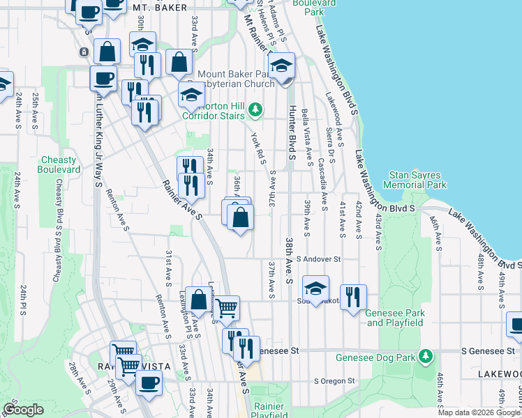 map of restaurants, bars, coffee shops, grocery stores, and more near 3804 Courtland Place South in Seattle