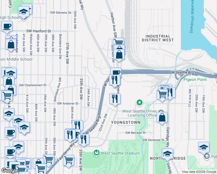 map of restaurants, bars, coffee shops, grocery stores, and more near 3015 Southwest Charlestown Street in Seattle