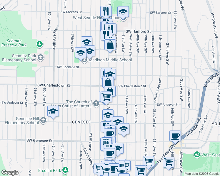 map of restaurants, bars, coffee shops, grocery stores, and more near 3836 California Avenue Southwest in Seattle