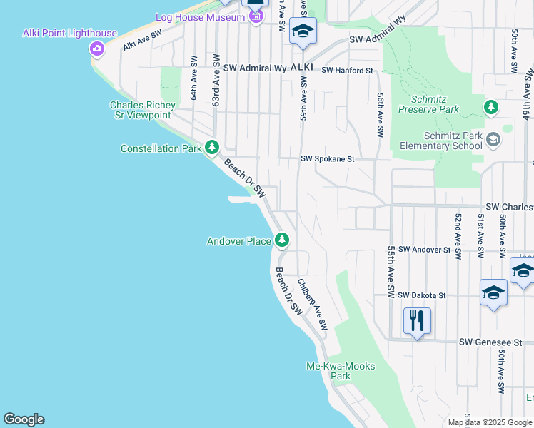 map of restaurants, bars, coffee shops, grocery stores, and more near 3817 Beach Drive Southwest in Seattle
