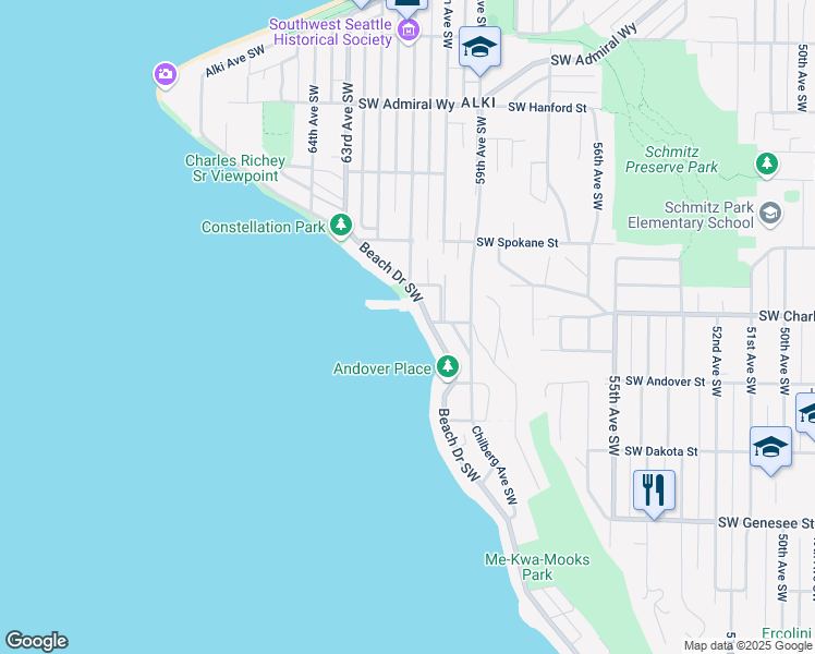 map of restaurants, bars, coffee shops, grocery stores, and more near 3817 Beach Drive Southwest in Seattle