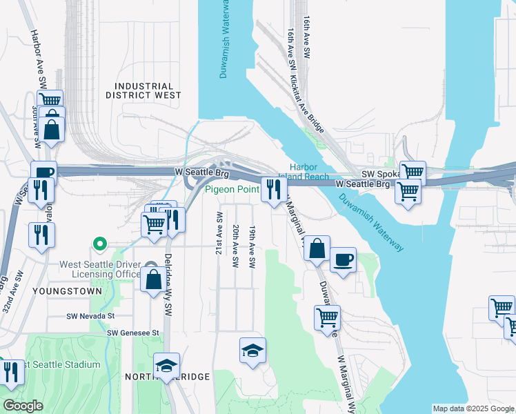 map of restaurants, bars, coffee shops, grocery stores, and more near 3802 19th Avenue Southwest in Seattle