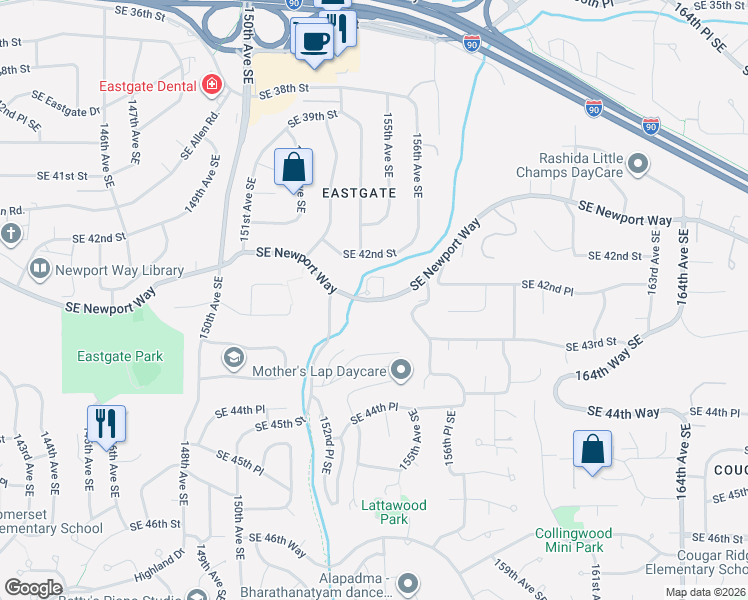 map of restaurants, bars, coffee shops, grocery stores, and more near Southeast Newport Way in Bellevue