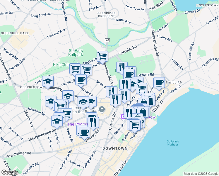 map of restaurants, bars, coffee shops, grocery stores, and more near 26 Monkstown Road in St. John's