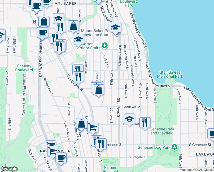 map of restaurants, bars, coffee shops, grocery stores, and more near 3804 Courtland Place South in Seattle