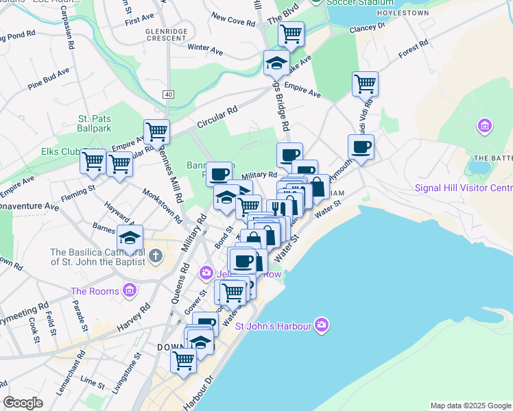 map of restaurants, bars, coffee shops, grocery stores, and more near 15 Bond Street in St. John's