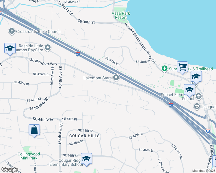 map of restaurants, bars, coffee shops, grocery stores, and more near 16830 Southeast 43rd Street in Bellevue