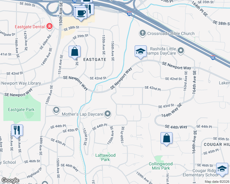 map of restaurants, bars, coffee shops, grocery stores, and more near 4251 155th Place Southeast in Bellevue