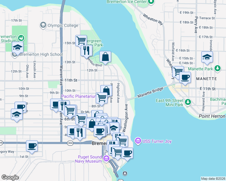 map of restaurants, bars, coffee shops, grocery stores, and more near 663 Highland Avenue in Bremerton