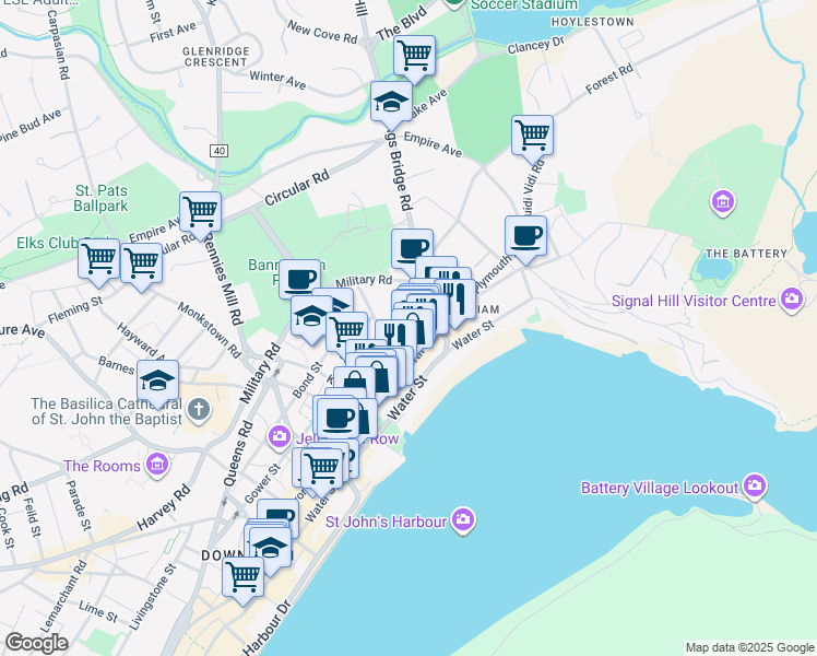 map of restaurants, bars, coffee shops, grocery stores, and more near 14 York Street in St. John's