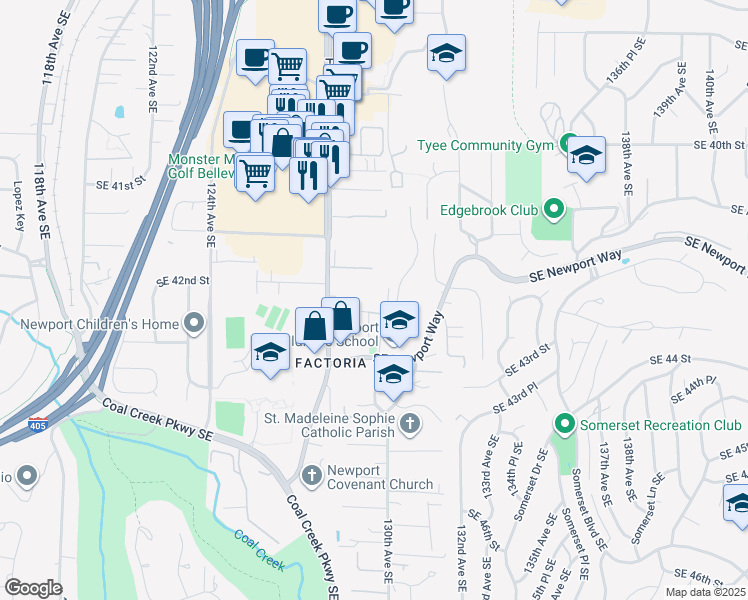 map of restaurants, bars, coffee shops, grocery stores, and more near 4249 129th Place Southeast in Bellevue