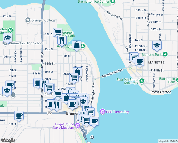 map of restaurants, bars, coffee shops, grocery stores, and more near 903 Highland Avenue in Bremerton