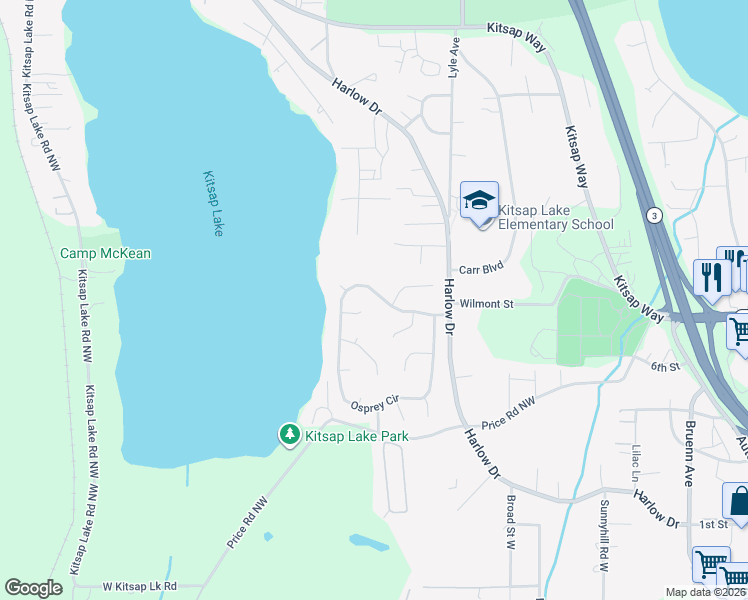 map of restaurants, bars, coffee shops, grocery stores, and more near 6039 Blue Heron Place in Bremerton