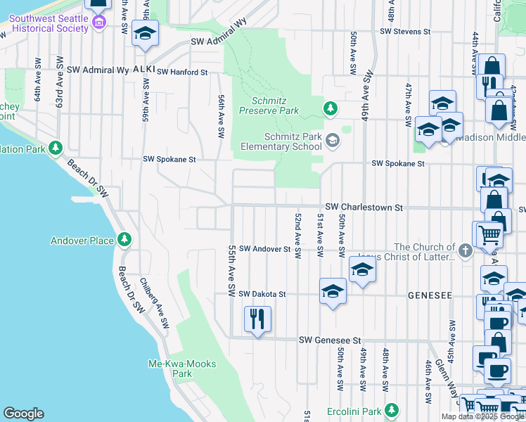 map of restaurants, bars, coffee shops, grocery stores, and more near 3827 54th Avenue Southwest in Seattle