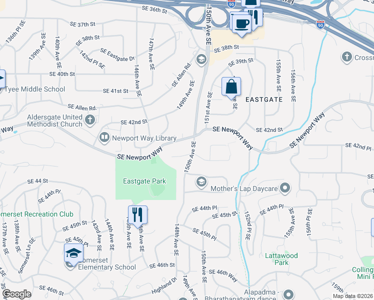 map of restaurants, bars, coffee shops, grocery stores, and more near 14948 Southeast 43rd Street in Bellevue