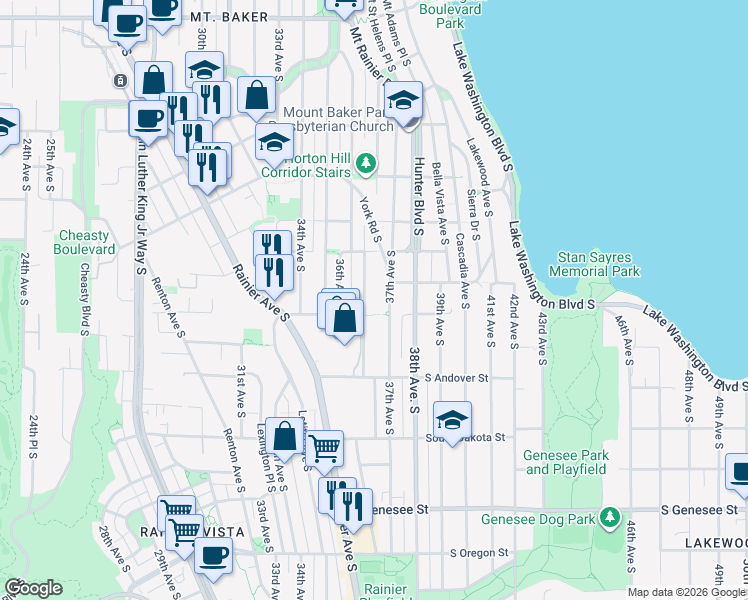 map of restaurants, bars, coffee shops, grocery stores, and more near 3644 Courtland Place South in Seattle