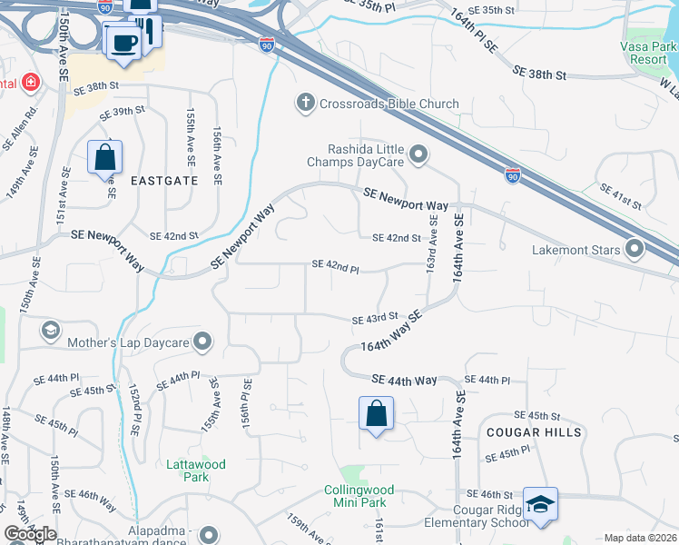 map of restaurants, bars, coffee shops, grocery stores, and more near 4226 160th Avenue Southeast in Bellevue