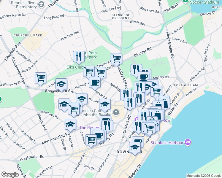 map of restaurants, bars, coffee shops, grocery stores, and more near 7 William Street in St. John's