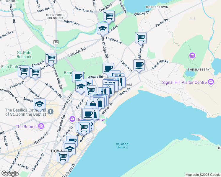 map of restaurants, bars, coffee shops, grocery stores, and more near 1 York Street in St. John's