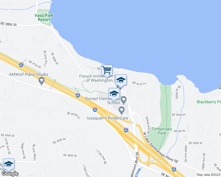 map of restaurants, bars, coffee shops, grocery stores, and more near 4171 West Lake Sammamish Parkway Southeast in Bellevue