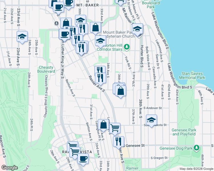 map of restaurants, bars, coffee shops, grocery stores, and more near 3815 Rainier Avenue South in Seattle