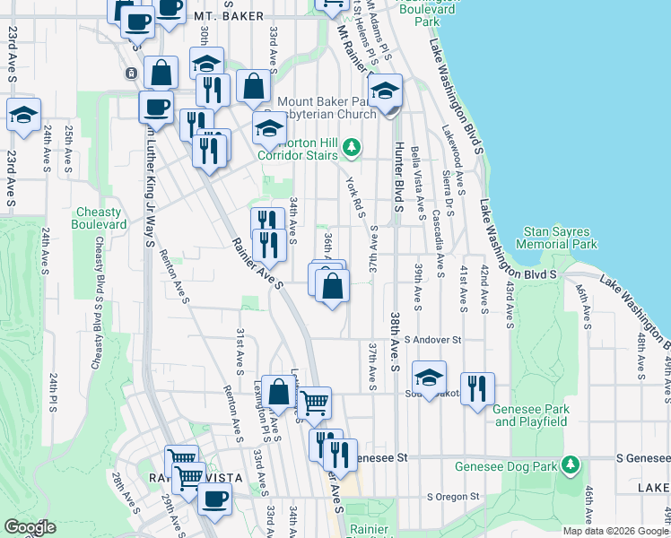 map of restaurants, bars, coffee shops, grocery stores, and more near 3804 Courtland Place South in Seattle