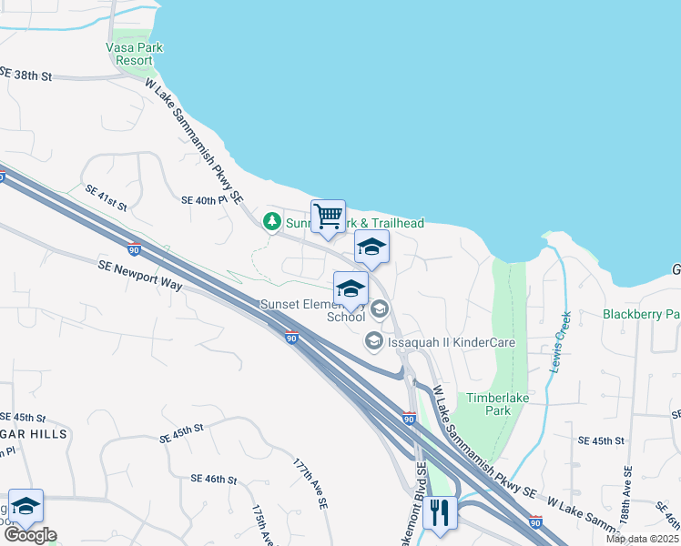 map of restaurants, bars, coffee shops, grocery stores, and more near 4171 West Lake Sammamish Parkway Southeast in Bellevue