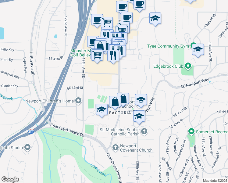 map of restaurants, bars, coffee shops, grocery stores, and more near 12646 Southeast 42nd Street in Bellevue