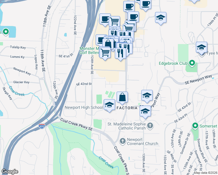 map of restaurants, bars, coffee shops, grocery stores, and more near 12606 Southeast 42nd Street in Bellevue
