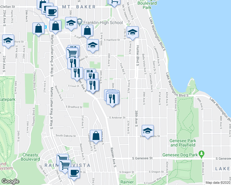 map of restaurants, bars, coffee shops, grocery stores, and more near 3619 Courtland Place South in Seattle